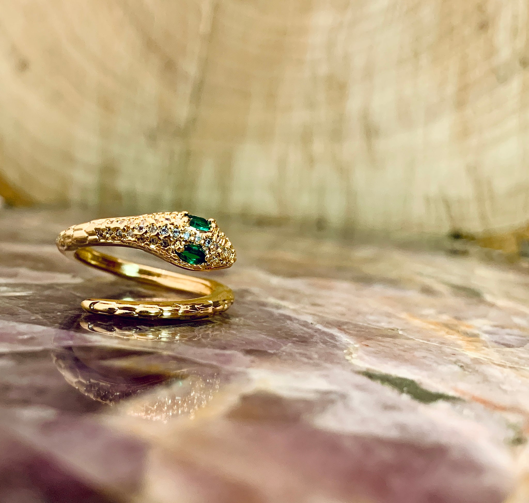 Gold snake ring cheap with green eyes